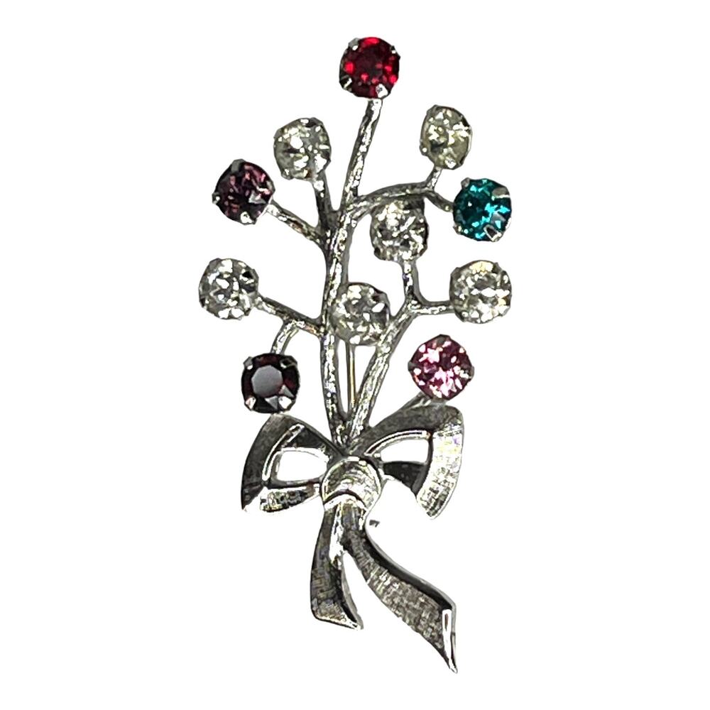 TK Brooch Pin Pendant Sterling Silver Rhinestone Bouquet Pink Blue Red Purple